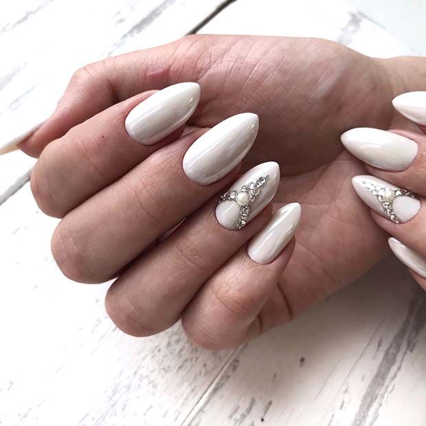 Milky Wedding Nails with Pearly Accents