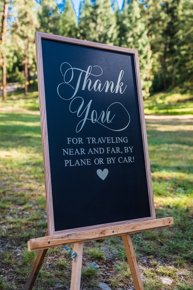 A Black Wedding Sign With White Type Stating: Thank You