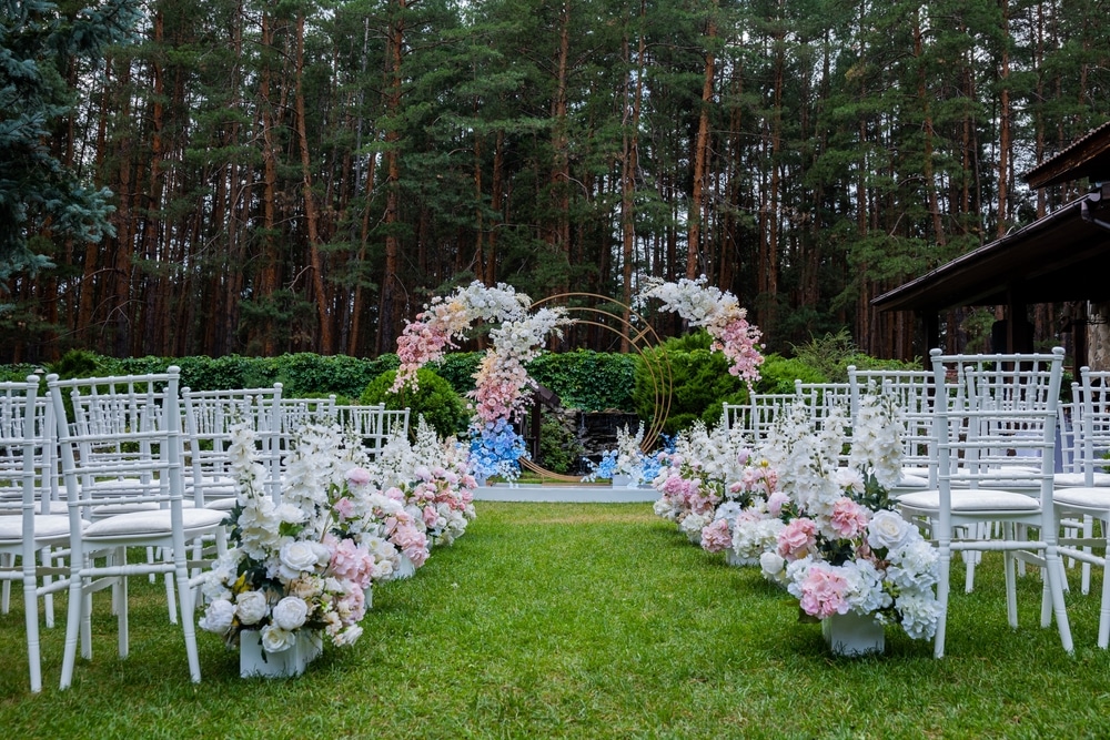 beautiful wedding ceremony decor in the forest.