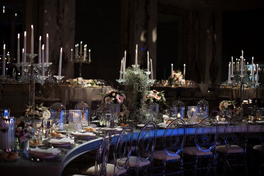 A view of a dark goth wedding theme decor