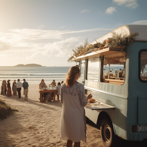 A view of a foodtruck wedding at a beach with a backview of a girl standing