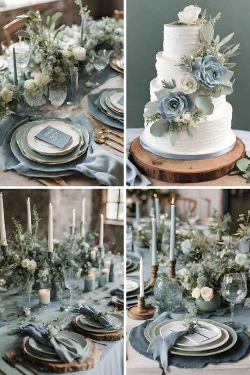 a wedding table along with the sage green flowers and navy blue plate with some other decorative items