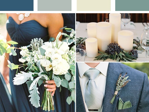 a groom and bride wearing a dark blue dresses along with sage green and white bouquet in brides hand