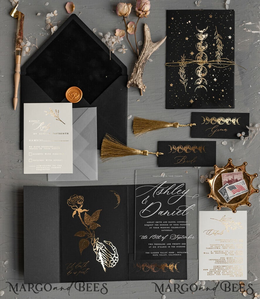 gothic wedding invitaions in black white and golden