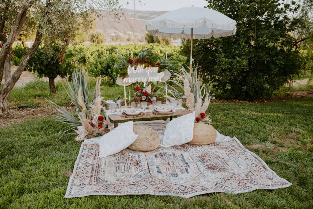 picnc theme in a garden for wedding decorated with flowers cushions and rugs
