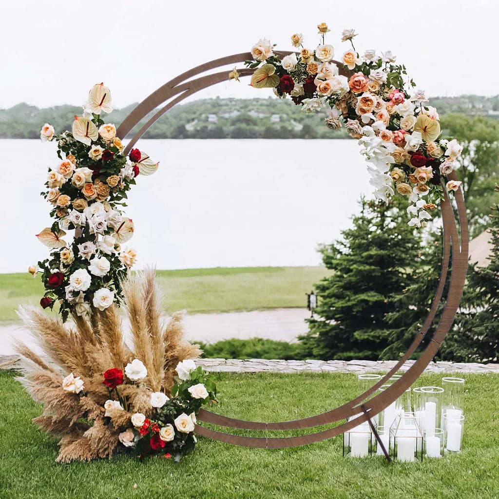 rustic wooden arch with colorful flowers