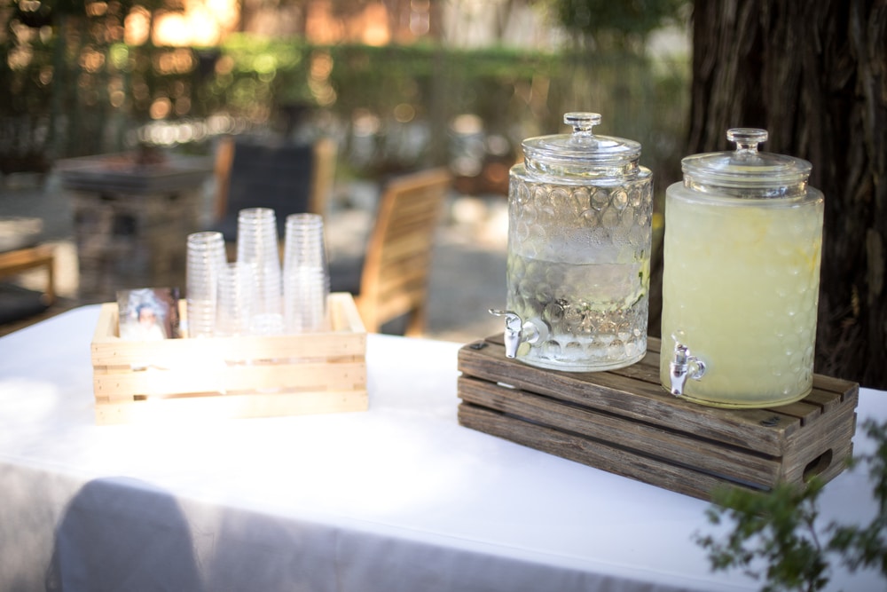 A view of a beverage station at a wedding