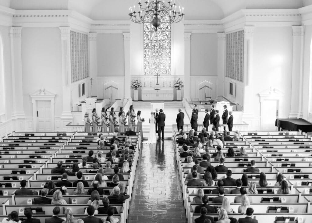 A view of a black and white methodist wedidng view in a church