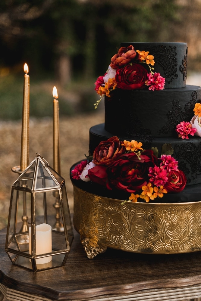 A view of a black gothic wedding cake