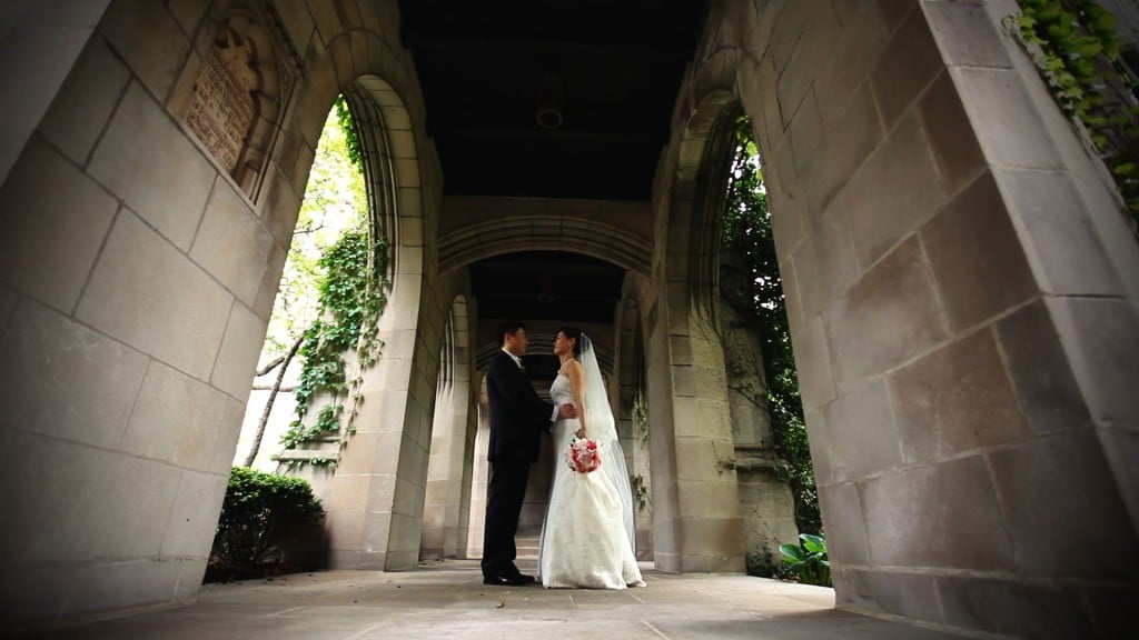 A view of a couple standing in a presbyterian wedding church