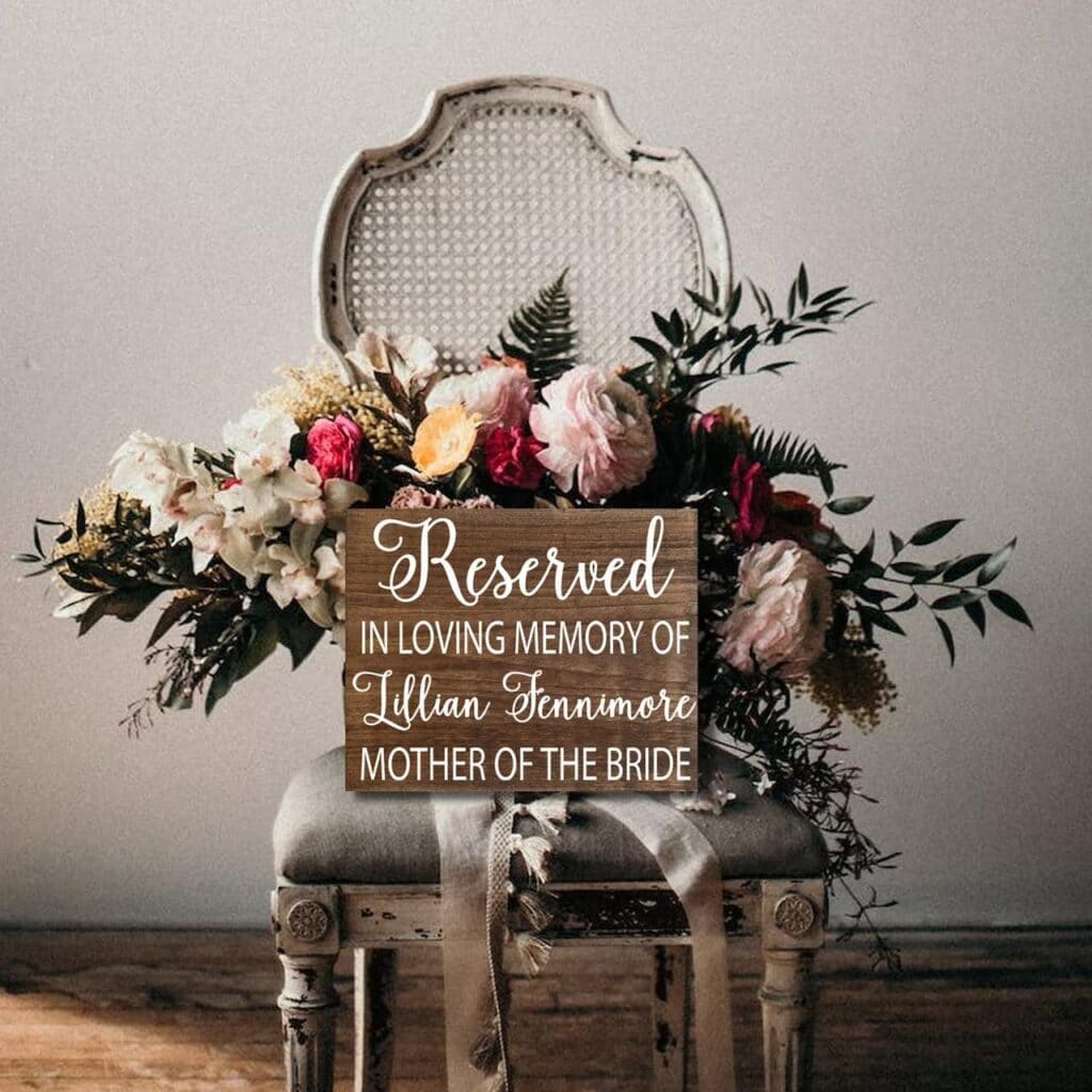 A view of a flower bouquet on a chair with an honourable memory of a mother for a wedding decor