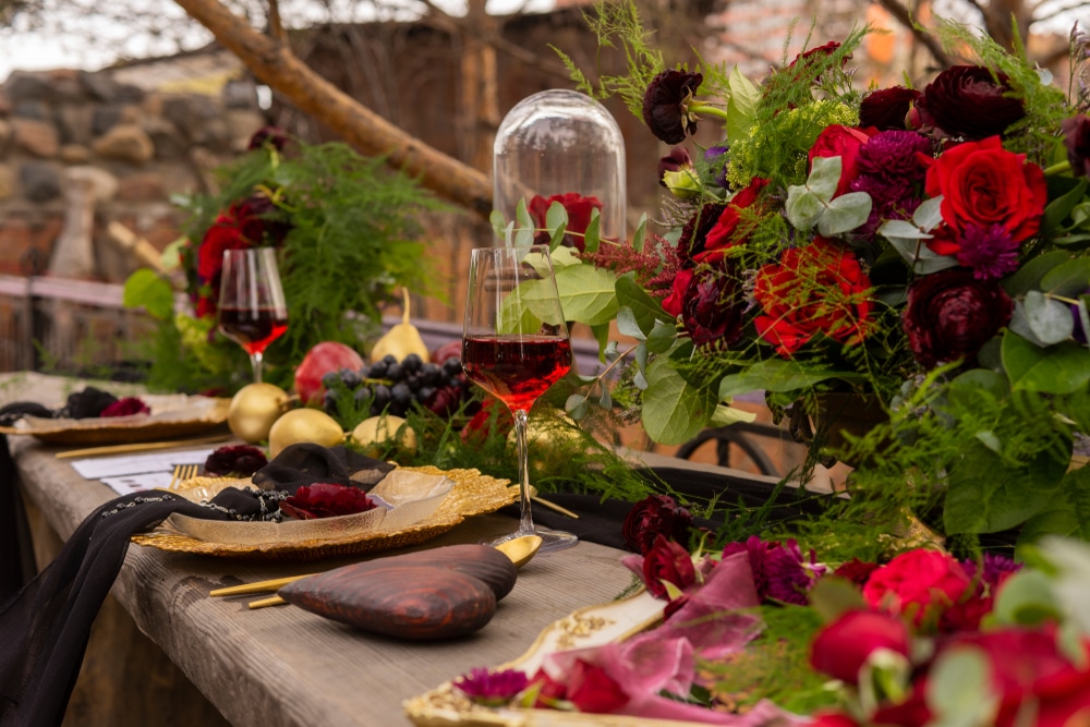 A view of a gothic wedding decor table