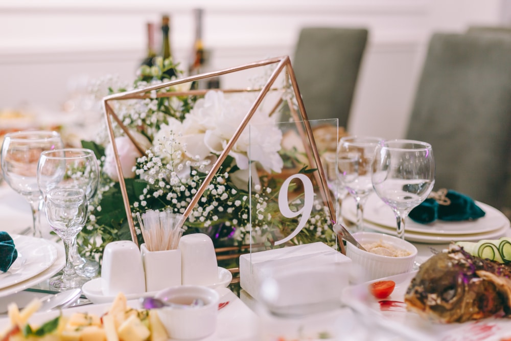 A view of a wedding seating numbers on a table