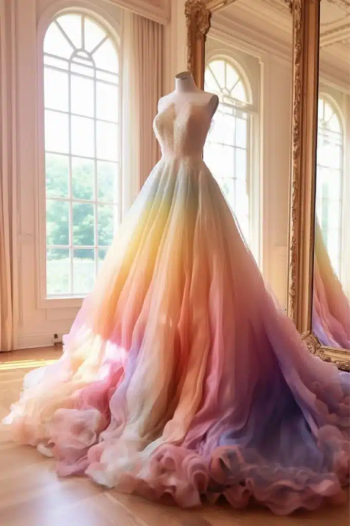 a long rainbow wedding gown