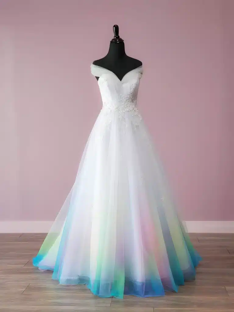 a rainbow color white gown