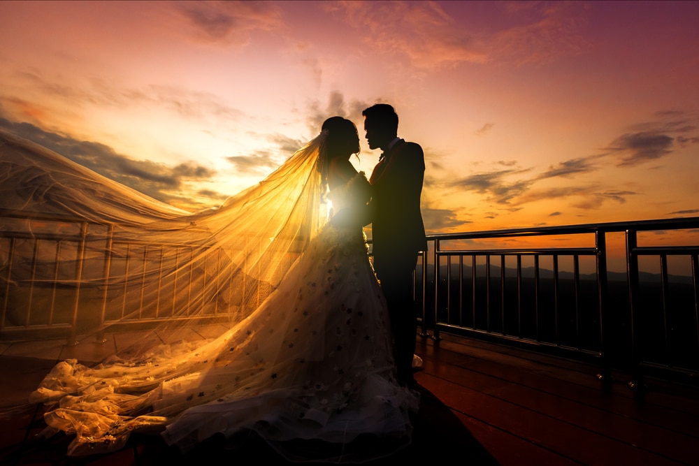 Silhouette Of Wedding Couple In Love Kissing And Holding Hand