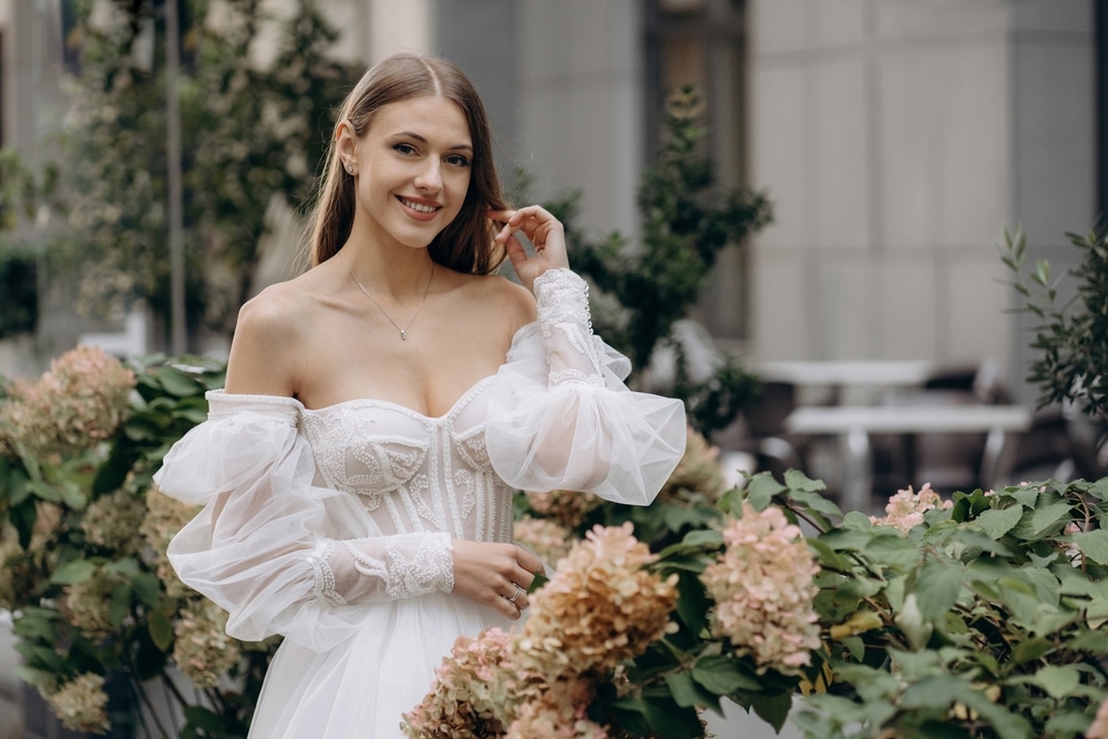 Portrait Of Pretty Young Bride In Hydrangea Blossom Wedding Dress