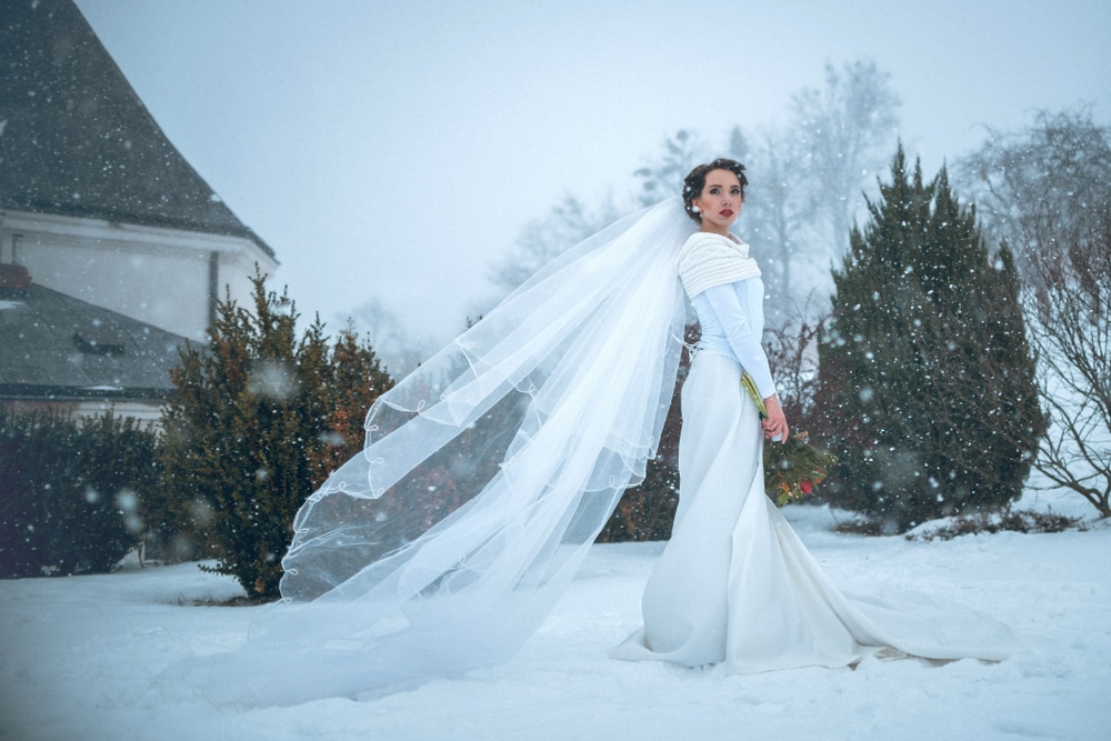 Winter Wedding Snowy Bride With Red Lips And Bouquet