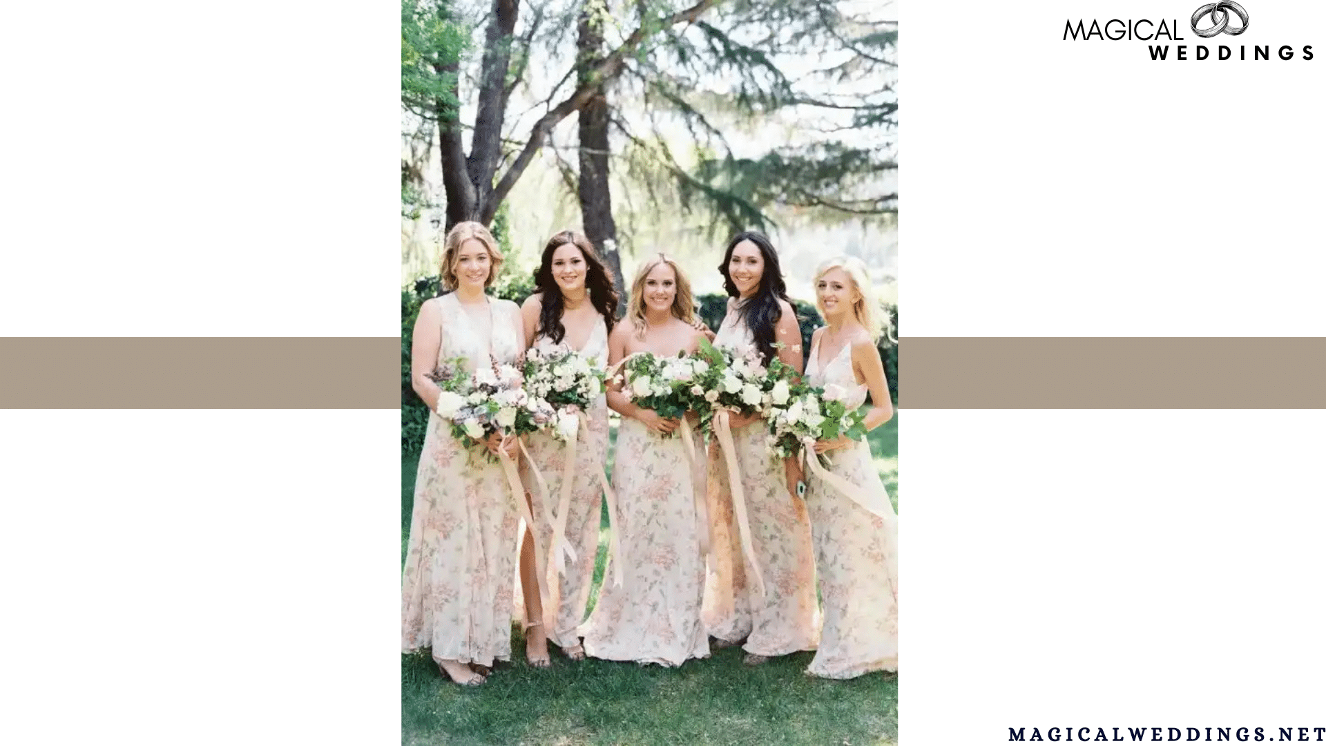 bride and bride maids in floral wedding dress