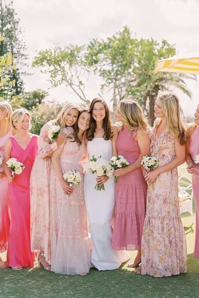 bridemaids wearing Pink Floral Dresses