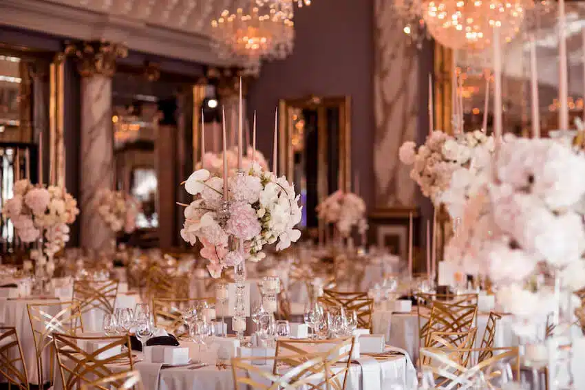 wedding reception venue with flower decor