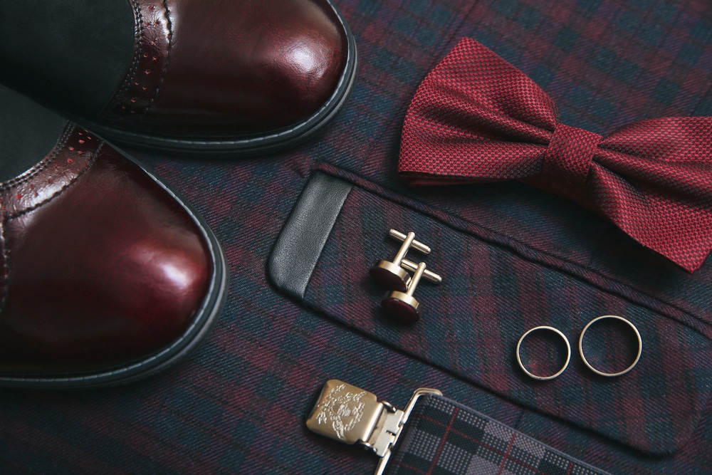 Men Burgundy Suit Bow Tie And Vintage Leather Shoes