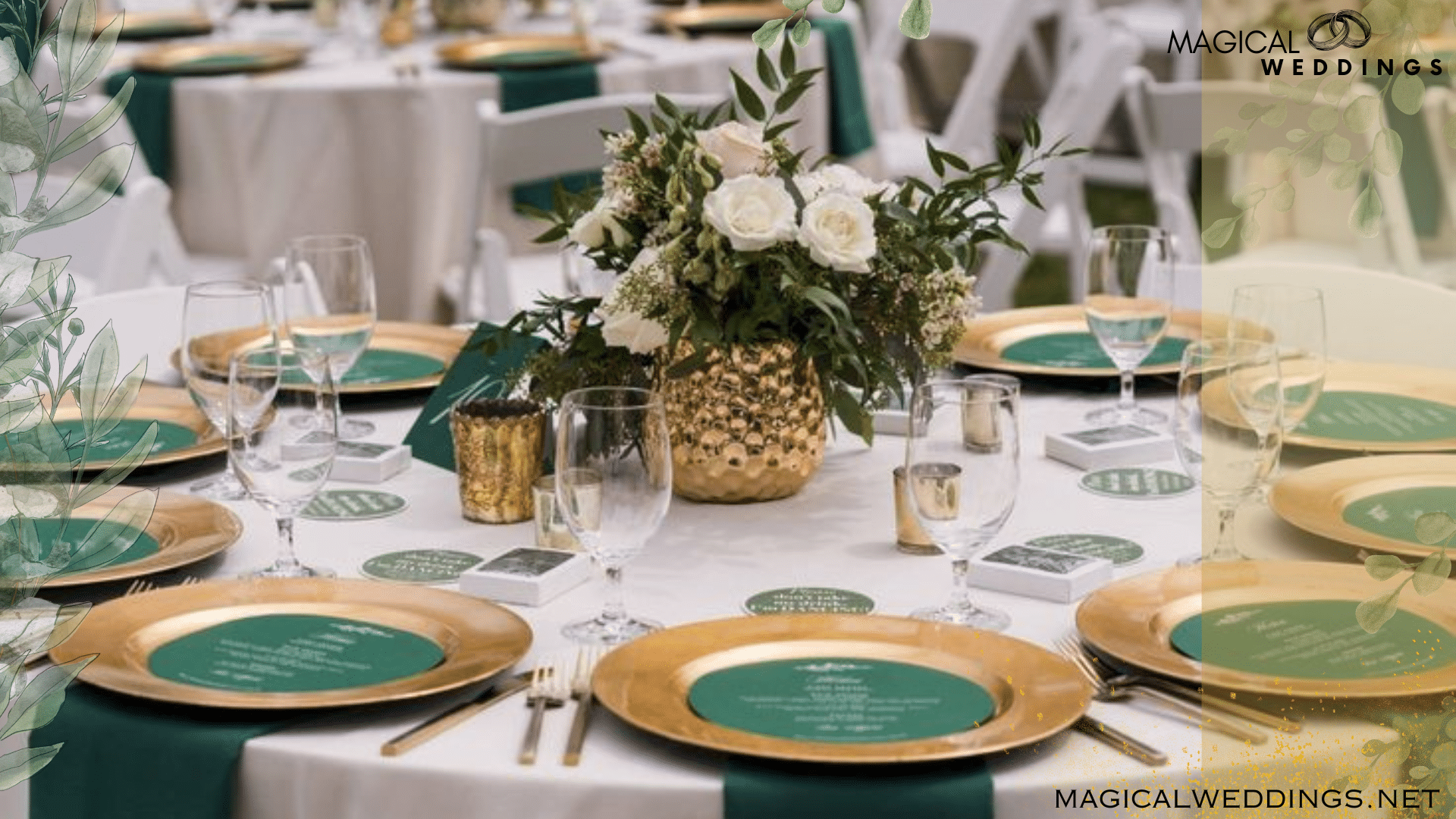 table decorated with green and gold color plates