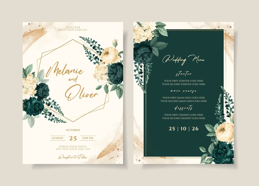 Wedding Invitation Template Set With Emerald Green Floral And Leaves