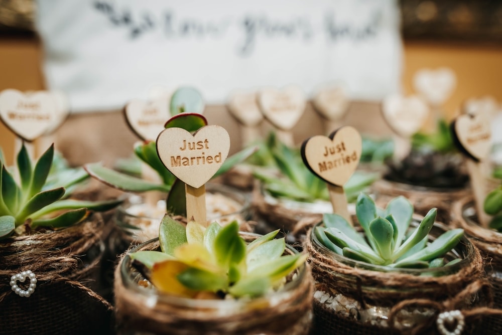 Zoomed in view of green wedding favor